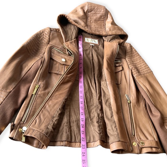 Michael Kors Women’s Brown Leather Hooded Moto Full Zip Jacket, XL - Picture 8 of 10